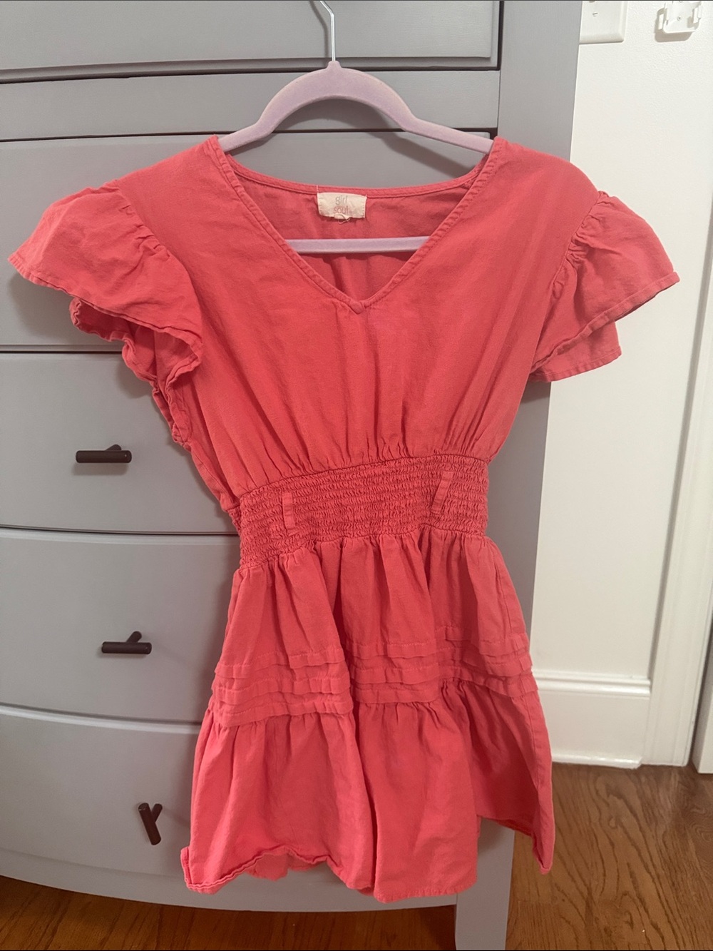 Girls Coral Smocked-Waist V-Neck Dress